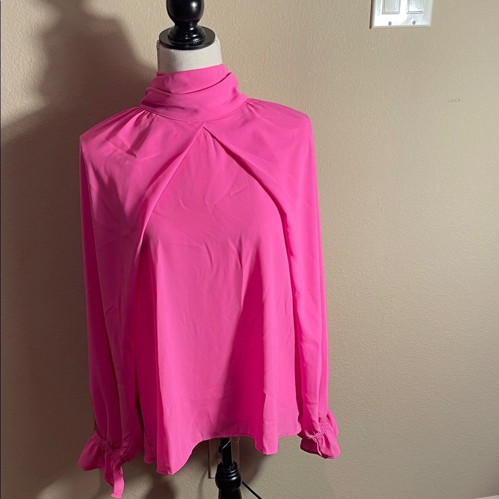Glam Vibrant Pink Blouse with High Neckline Size L. NEW w TAGS